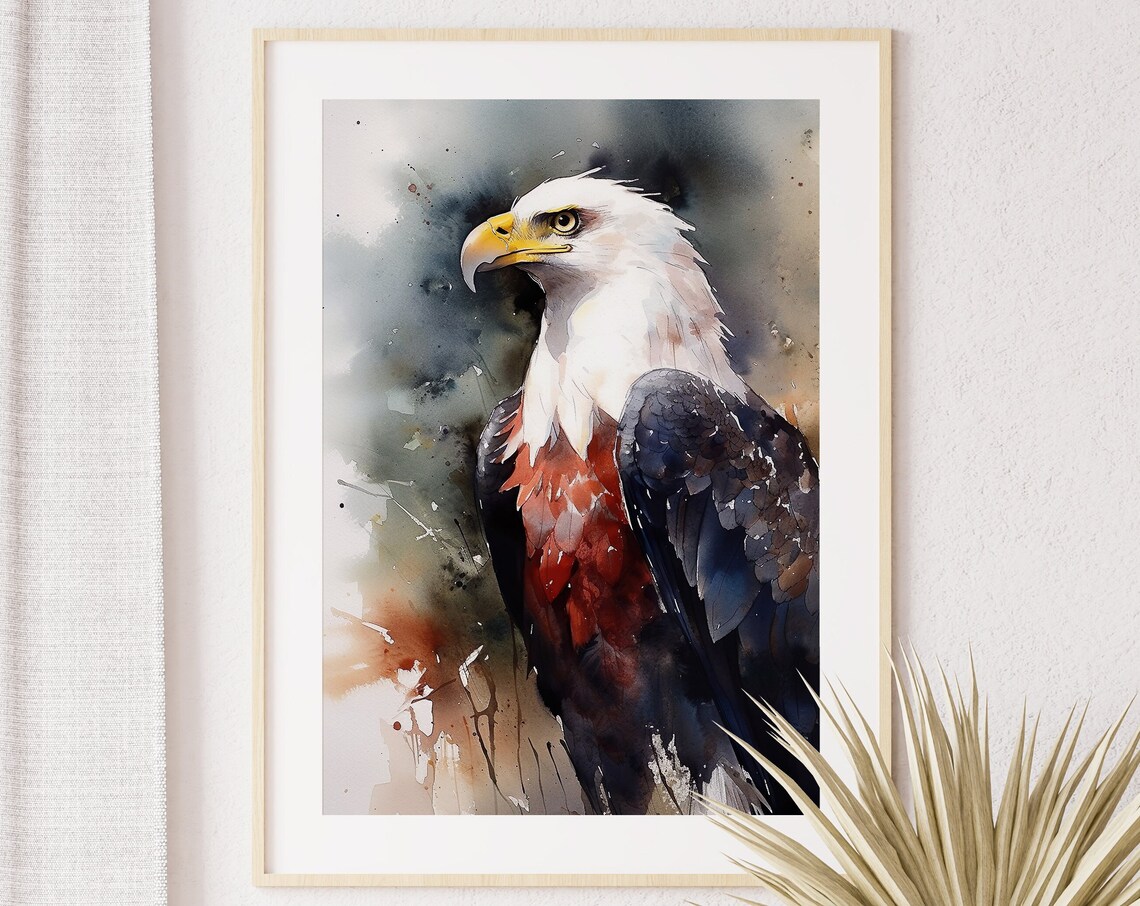 Bald Eagle Perched Watercolor Portrait Wildlife Bird Art Poster