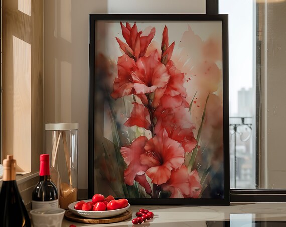 Red Gladiolus Watercolor Portrait Tall Coral Bloom Art Poster