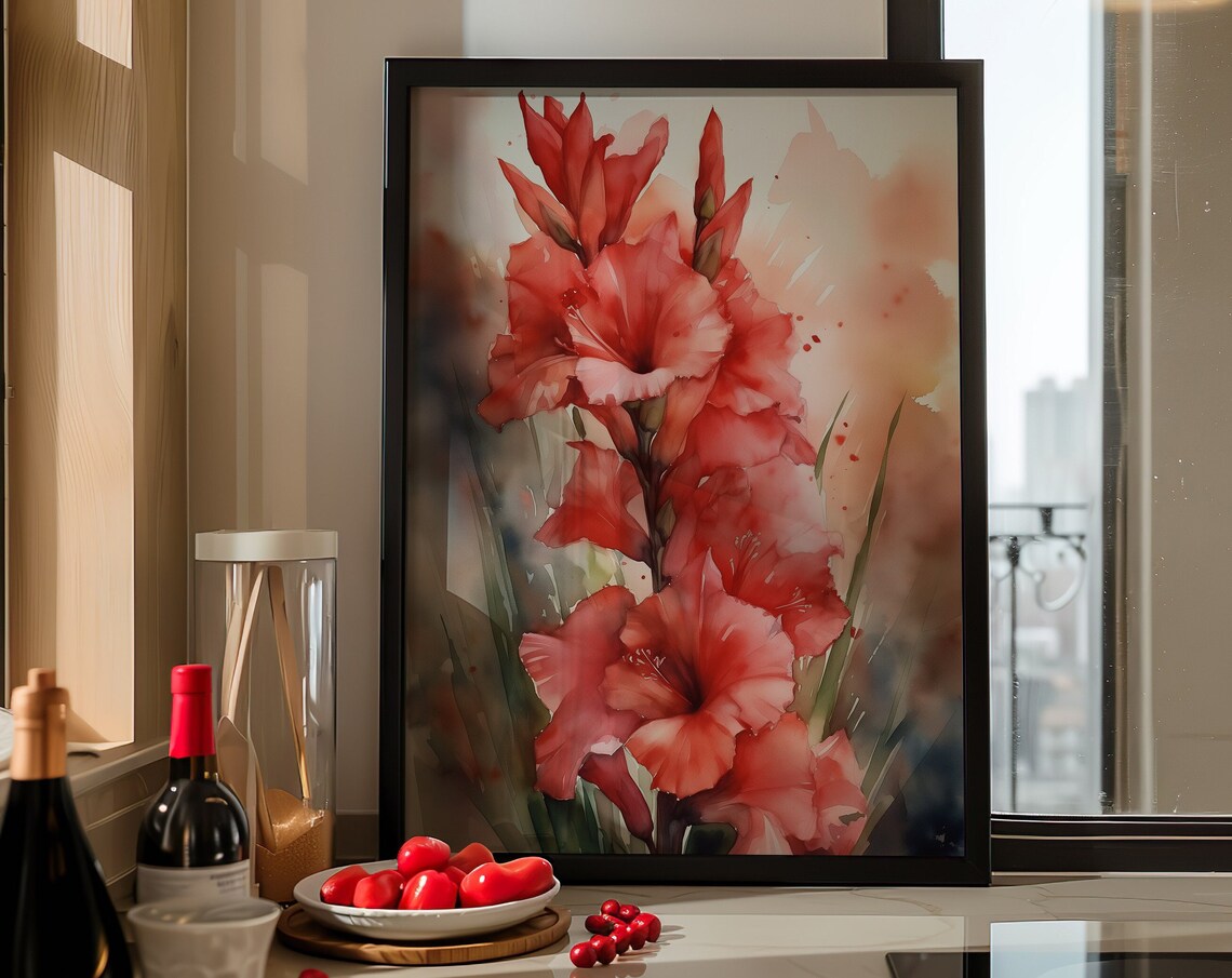 Red Gladiolus Watercolor Portrait Tall Coral Bloom Art Poster
