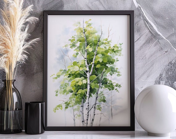 Watercolor Birch Tree Wall Art Decor Forest Landscape Painting Poster Colorful Illustration Nature Minimalist Decor Farm House