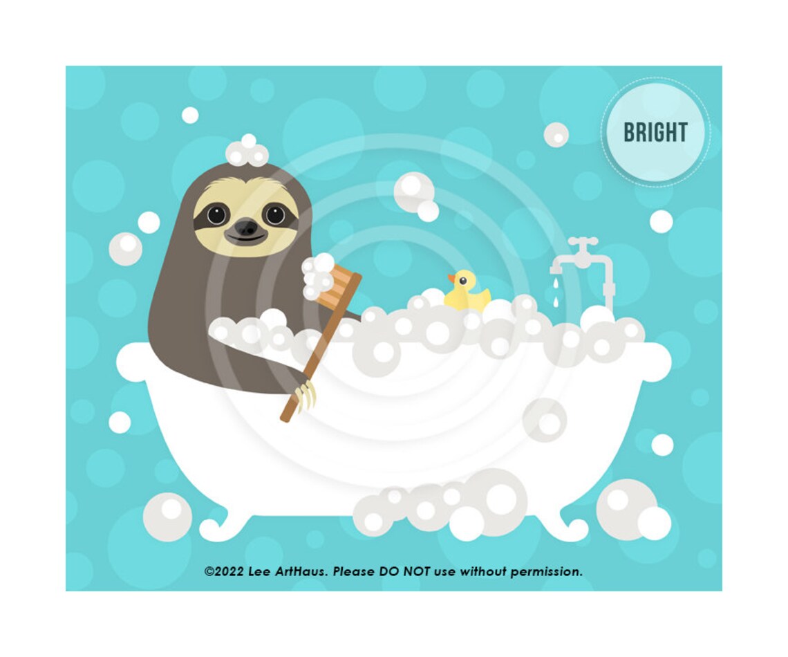 Cute Sloth Bubble Bath Scrub Brush Rubber Duck Teal Bathroom Decor Poster - Image 4