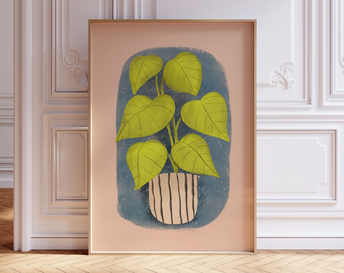 Boho Potted House Plant Watercolor Green Leaves Botanical Poster