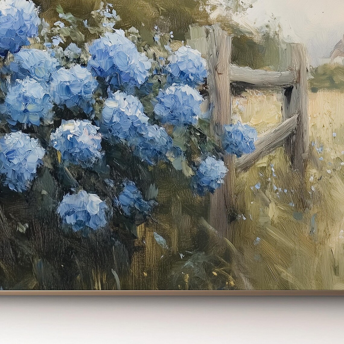 Spring Blue Hydrangeas Countryside Painting - Image 3