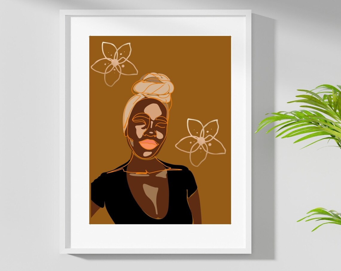 Headwrap Woman Closed Eyes Mustard Floral Minimalist Art Poster