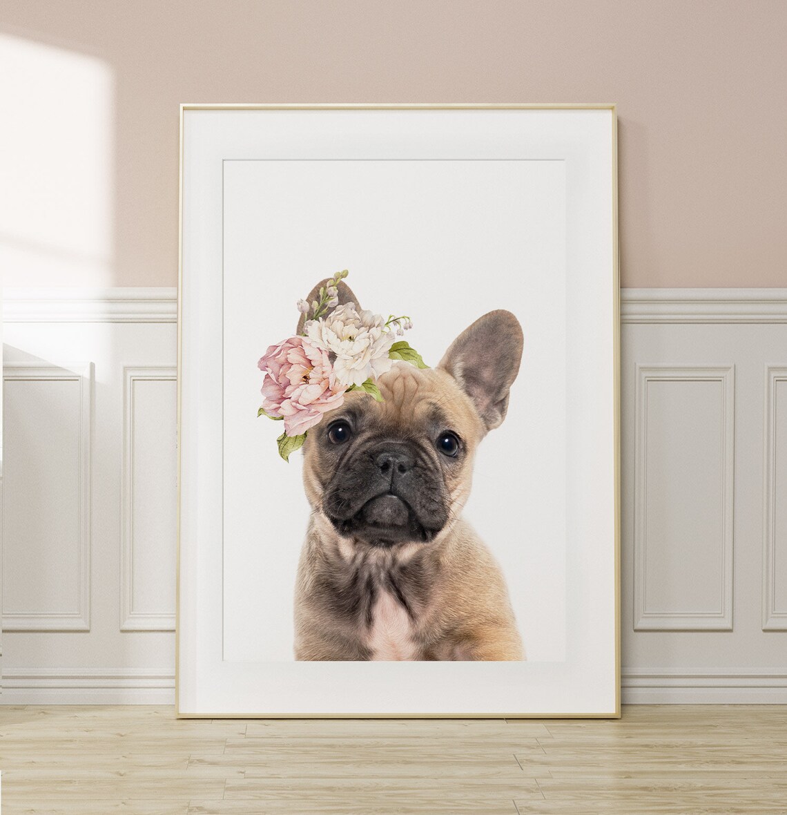 French Bulldog Puppy Flower Crown Pet Portrait Nursery Poster