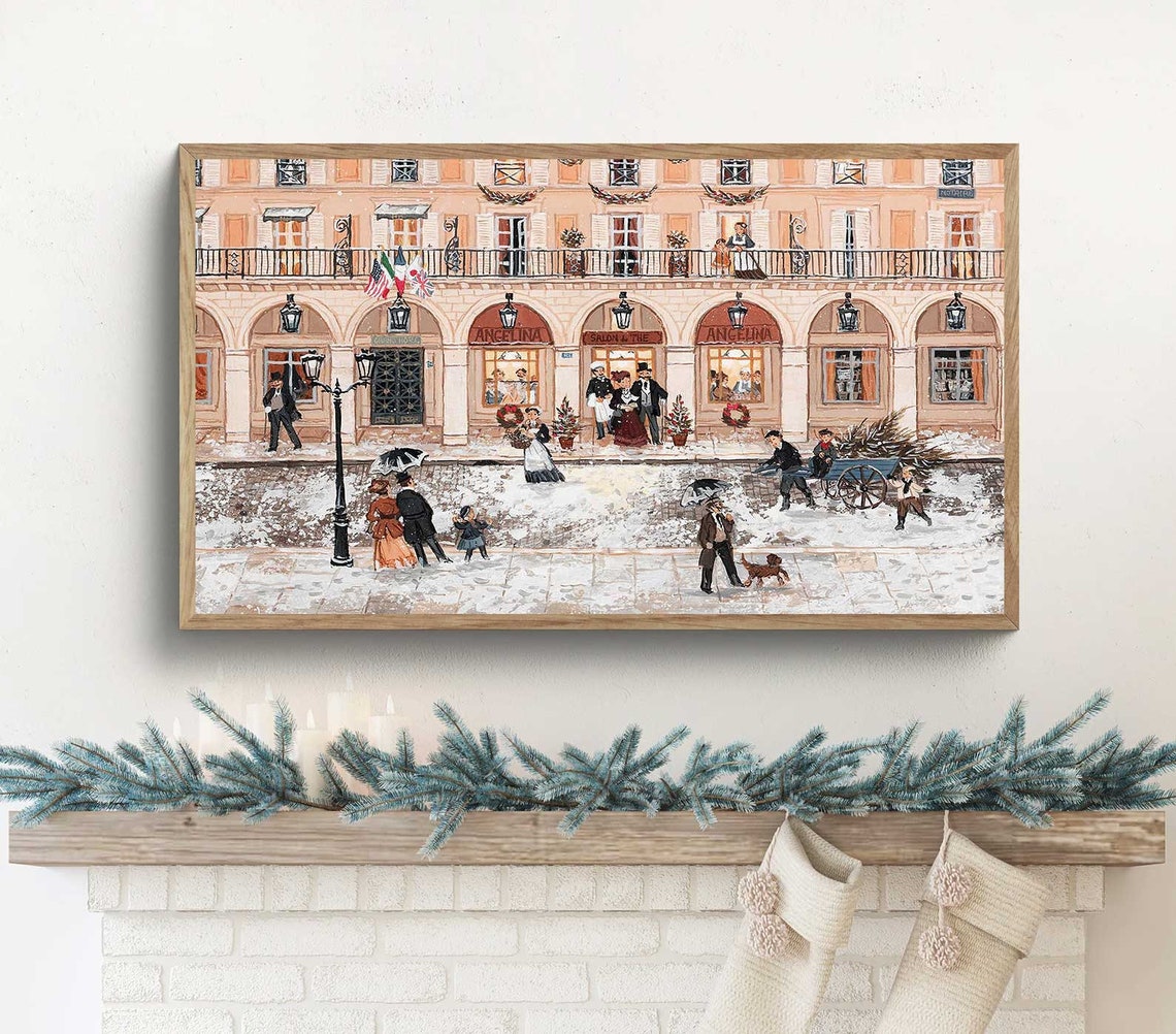 Snowy Paris Christmas Village Angelina Cafe Winter Art Poster
