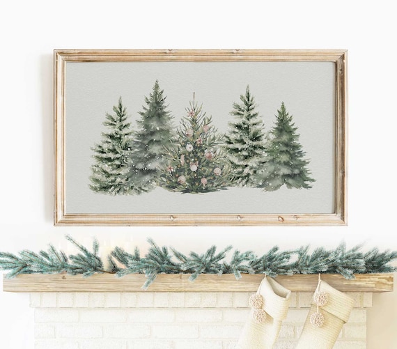 Watercolor Christmas Pine Trees Farmhouse Winter Scene Wall Poster