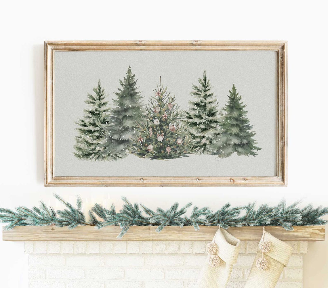 Watercolor Christmas Pine Trees Farmhouse Winter Scene Wall Poster