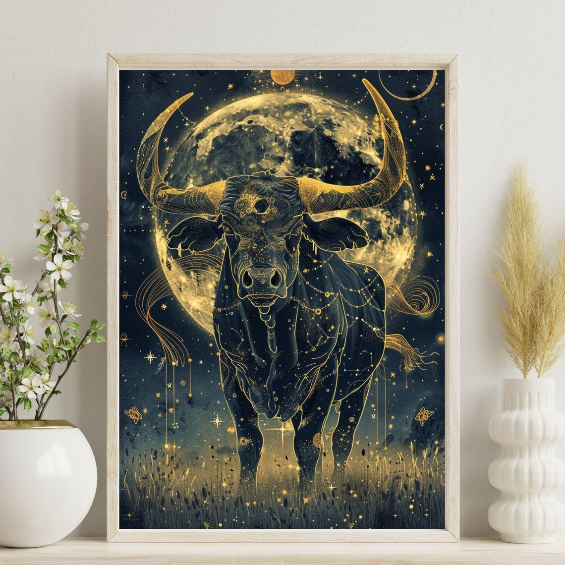 Taurus Zodiac Sign Bull Astrology Golden Moon Celestial Poster
