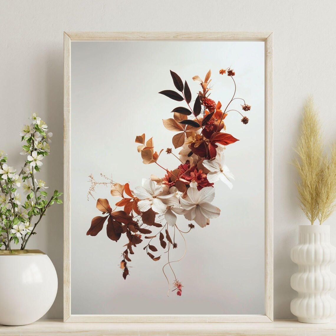 Autumn Botanical White Blooms Copper Leaves Fall Floral Art Poster