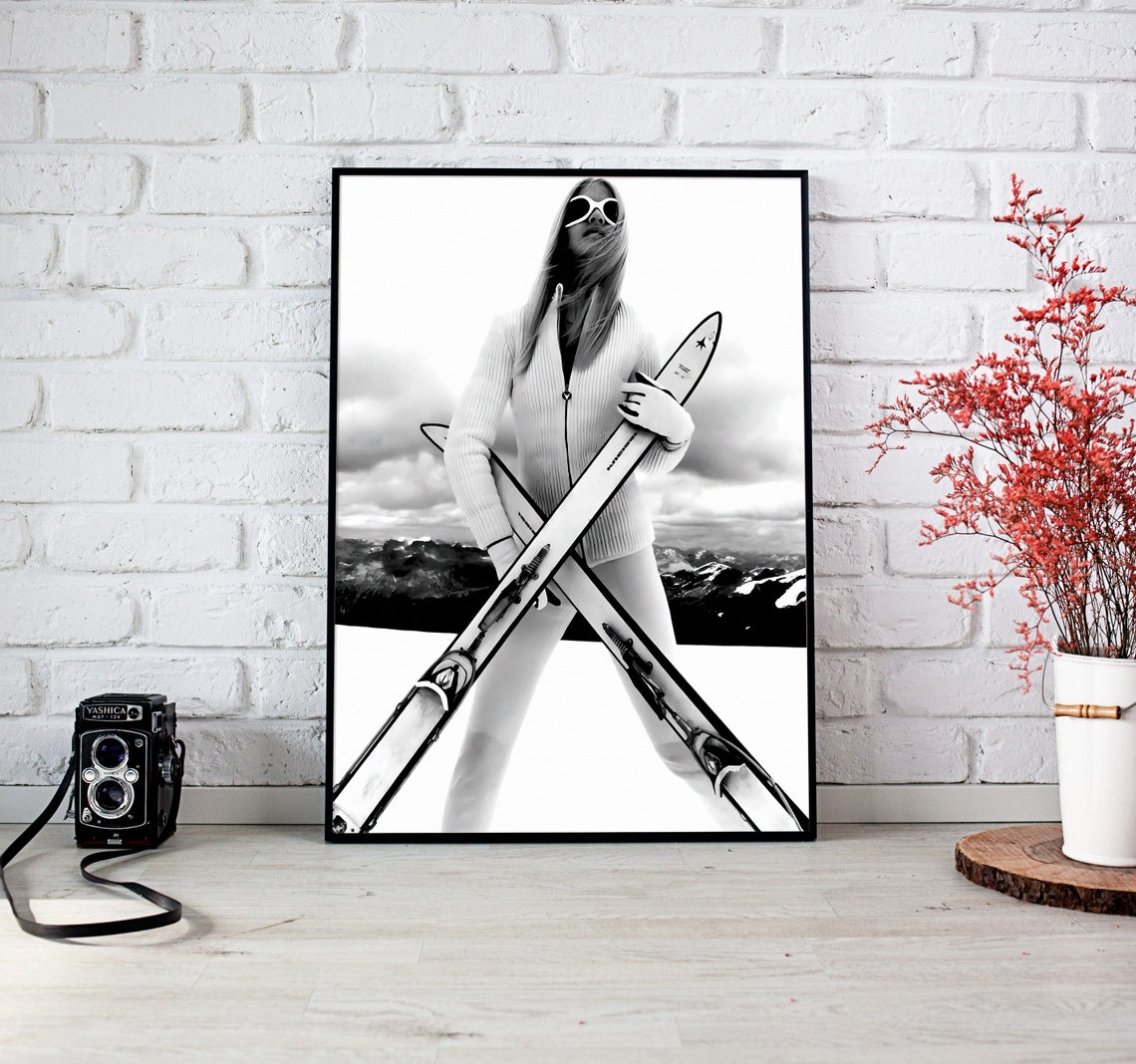 Vintage Woman Ski Poster Black And White Vintage Photo Fashion Print Skiing Wall Art Ski Lodge Wall Decor Winter Wall Art - Image 3