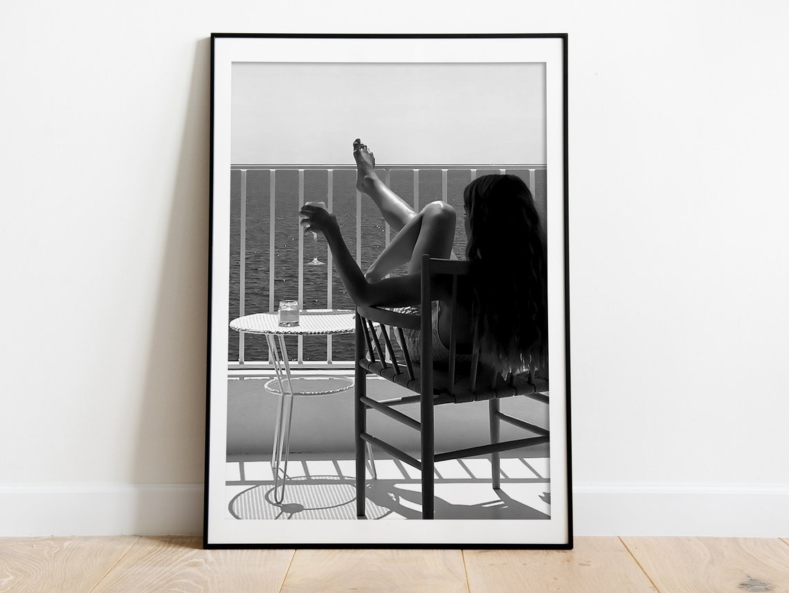 Woman Drinking Wine In Beach Print Bar Cart Poster Black And White Vintage Photography Fashion Wall Art Hypebeast Room Decor - Image 3