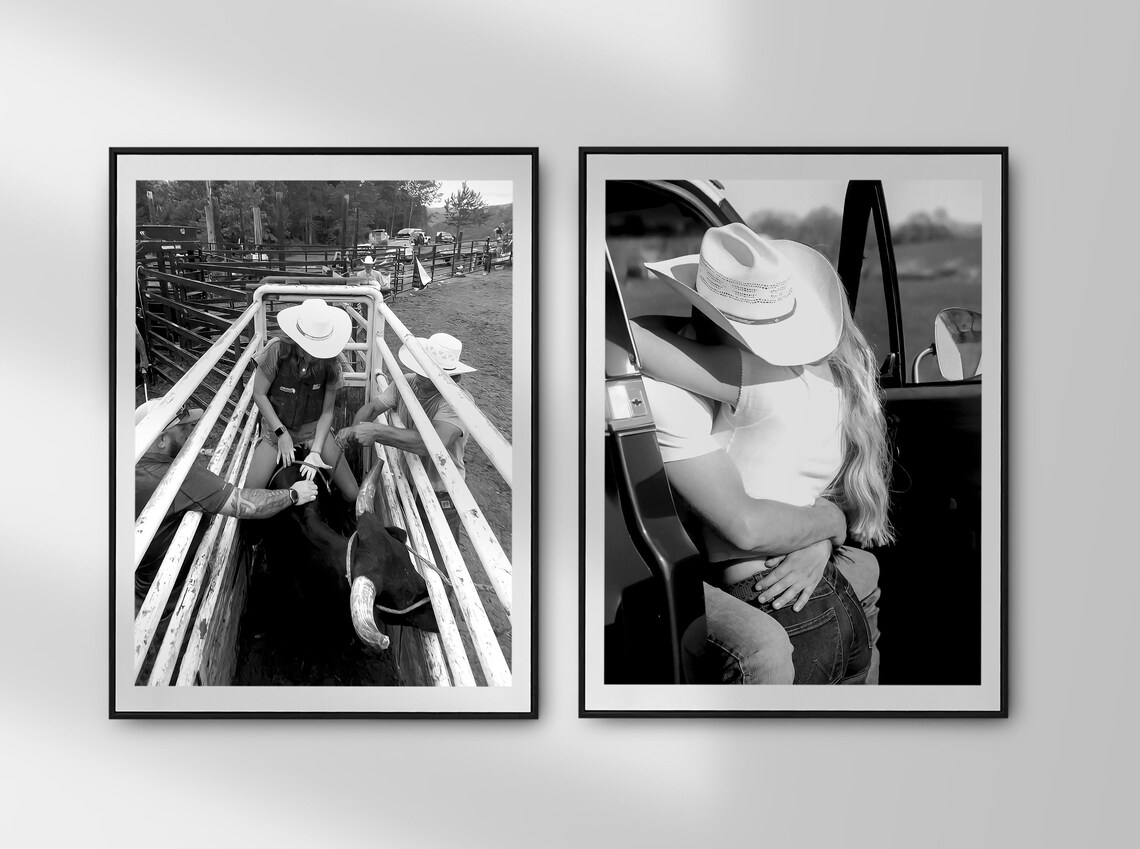 Cowgirl Bull Riding Rodeo Chute Black And White Western Poster - Image 2