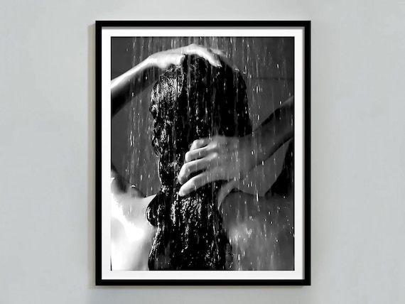 Woman Showering Wet Hair Flowing Black and White Art Photo Poster