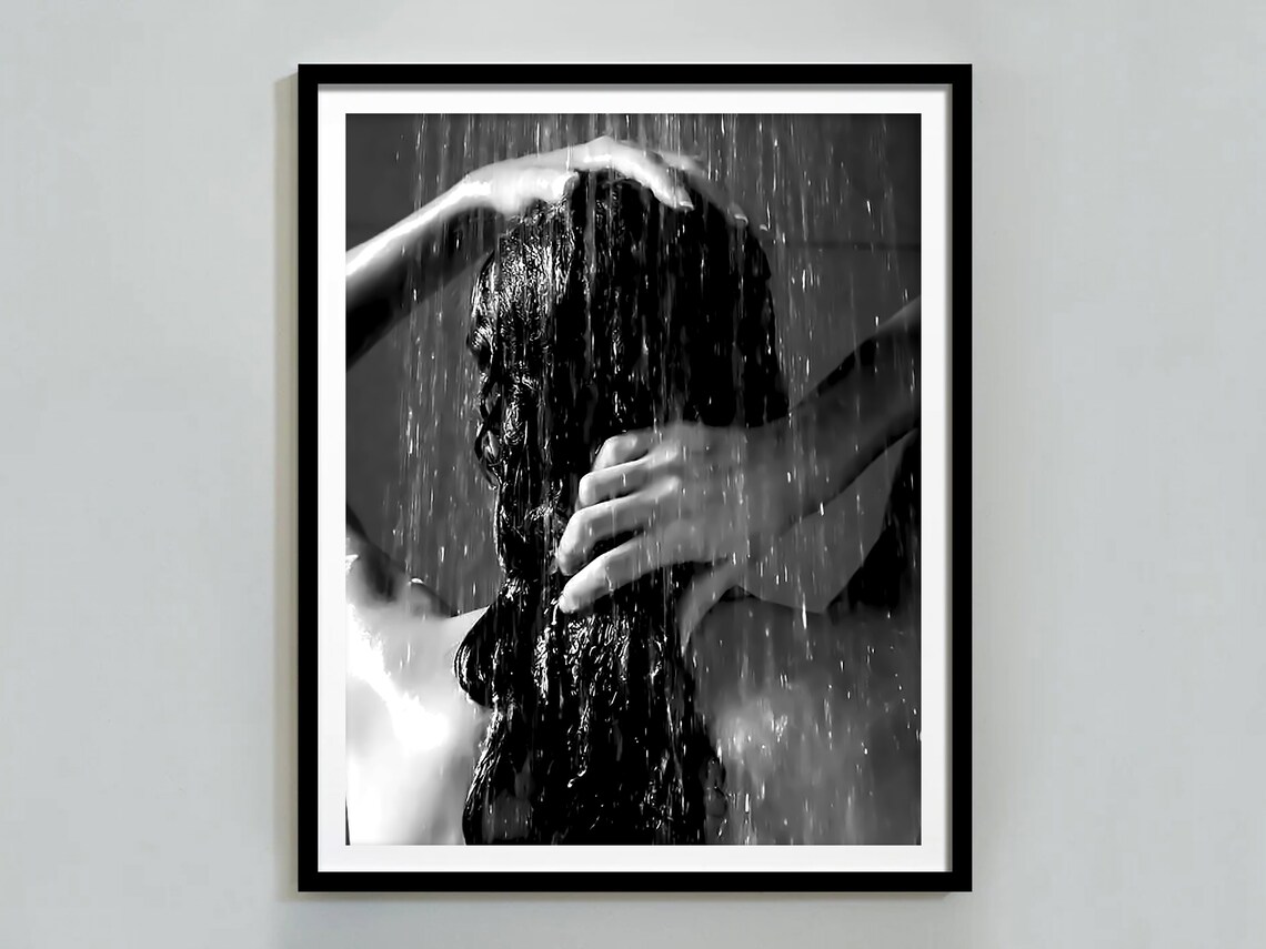 Woman Showering Wet Hair Flowing Black and White Art Photo Poster