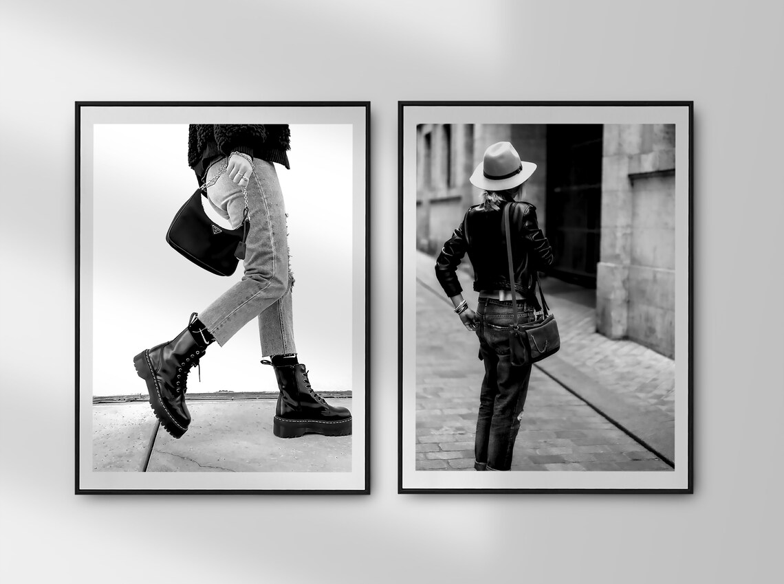 Woman In Hat Leather Jacket Walking European Street Style Poster - Image 3