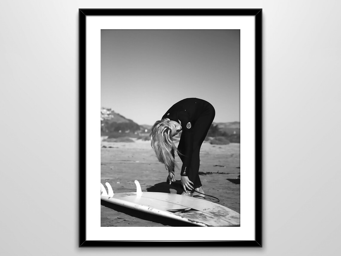 Woman Surfer Wetsuit With Surfboard Beach Black And White Poster - Image 3
