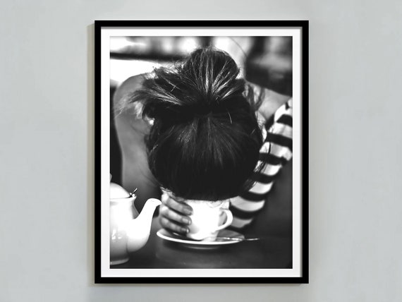 Woman Drinking Coffee Print Black And White Vintage Photo Kitchen Wall Art Coffee Bar Decor Dining Room Wall Art Print