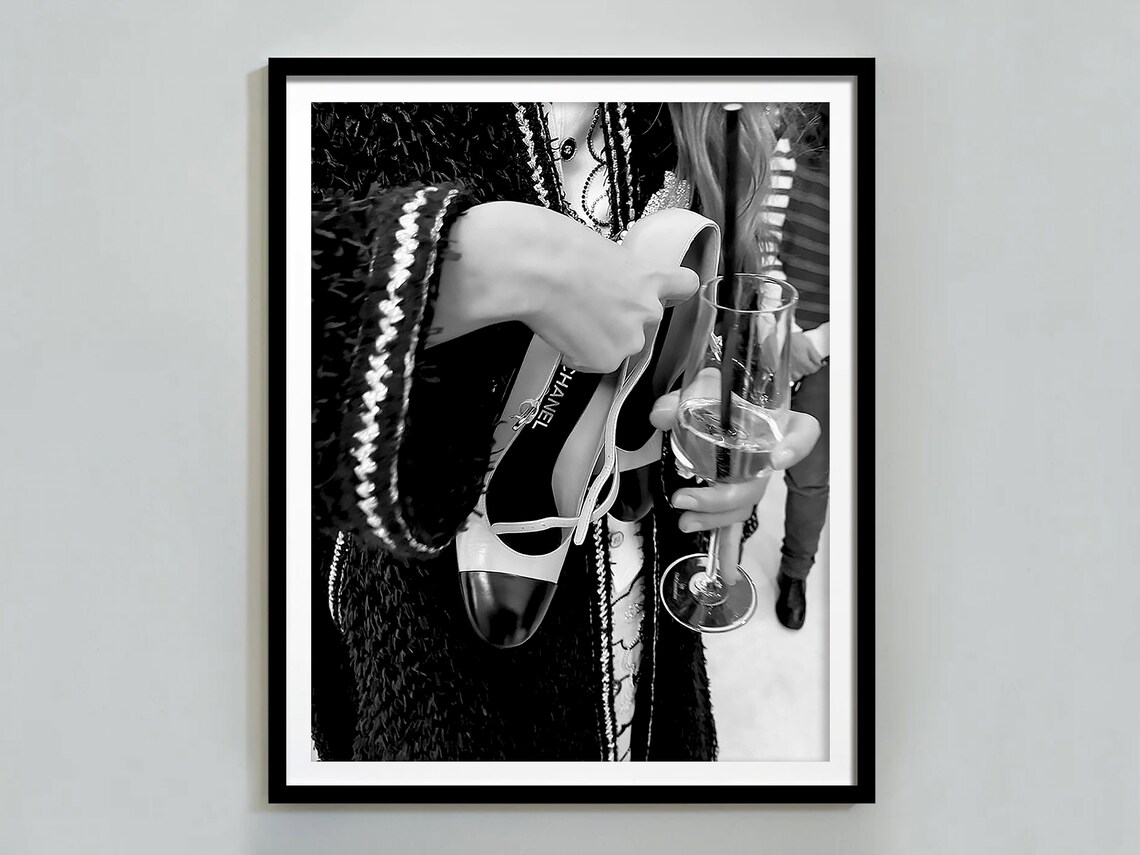 Chanel Designer Shoe Champagne Luxury Fashion Black White Poster