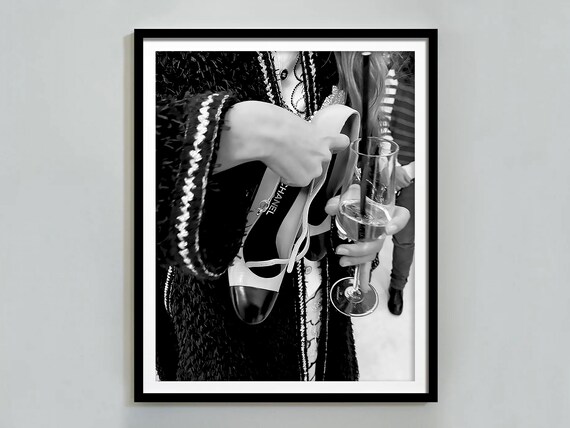 Chanel Designer Shoe Champagne Luxury Fashion Black White Poster