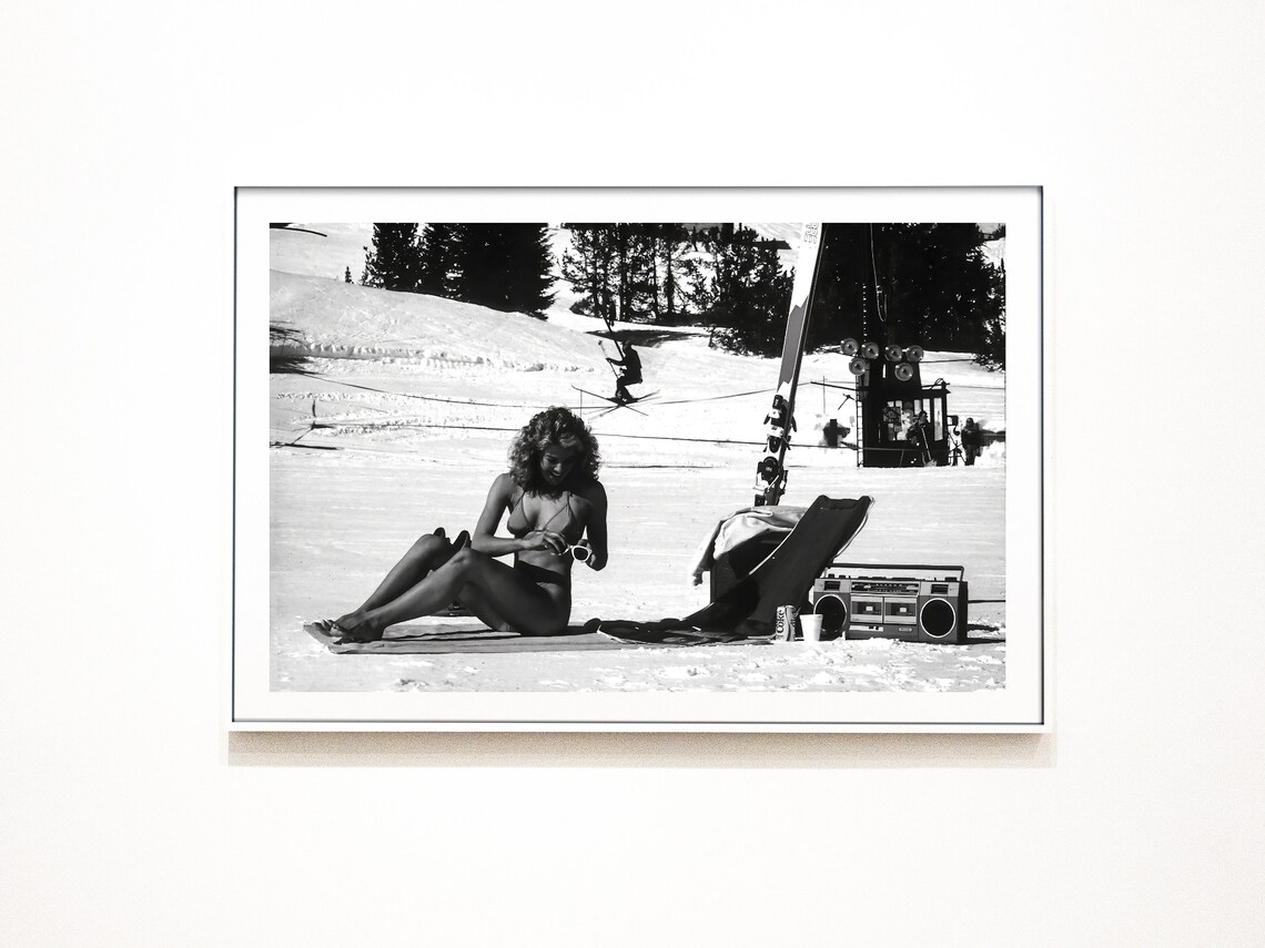 Retro Woman Sunbathing In Bikini On Snow Boombox Ski Resort Poster - Image 3