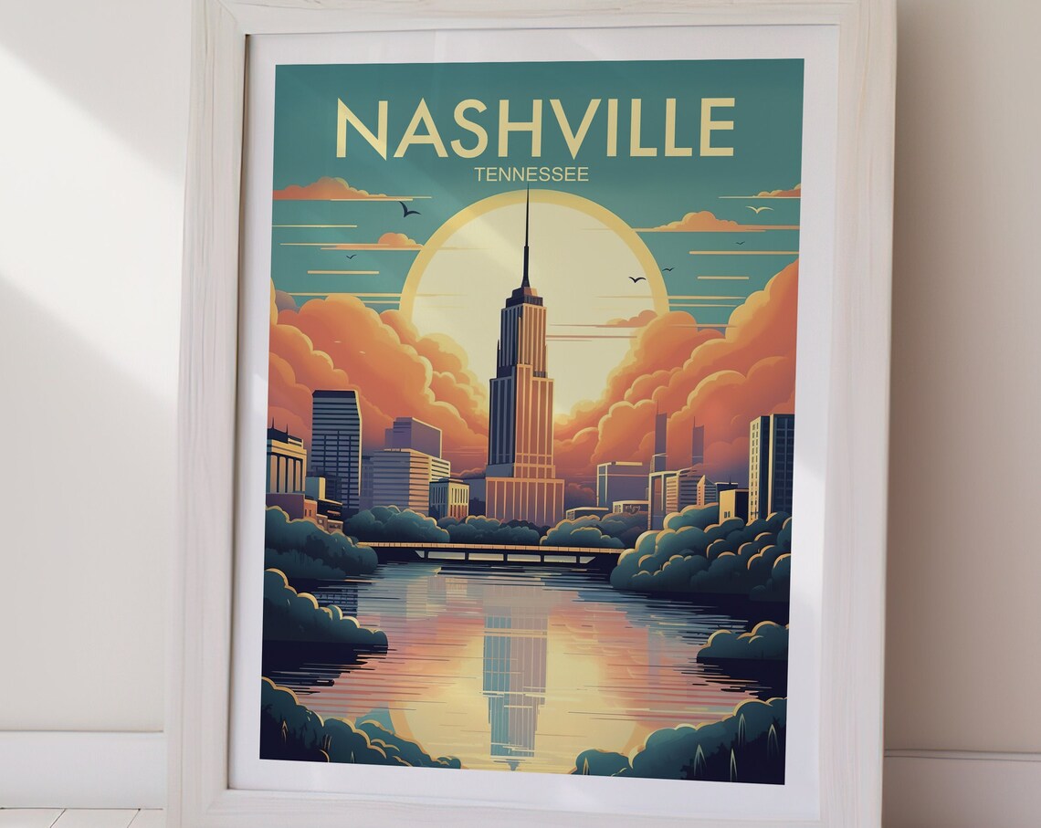 Nashville Tennessee Skyline River Sunset Vintage Travel Poster - Image 2