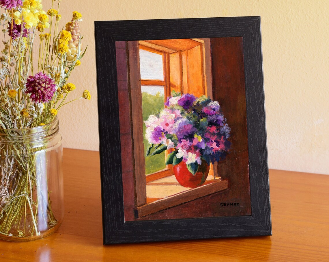 Purple and Pink Bouquet in a Red Vase on a Sunlit Windowsill Poster - Image 6