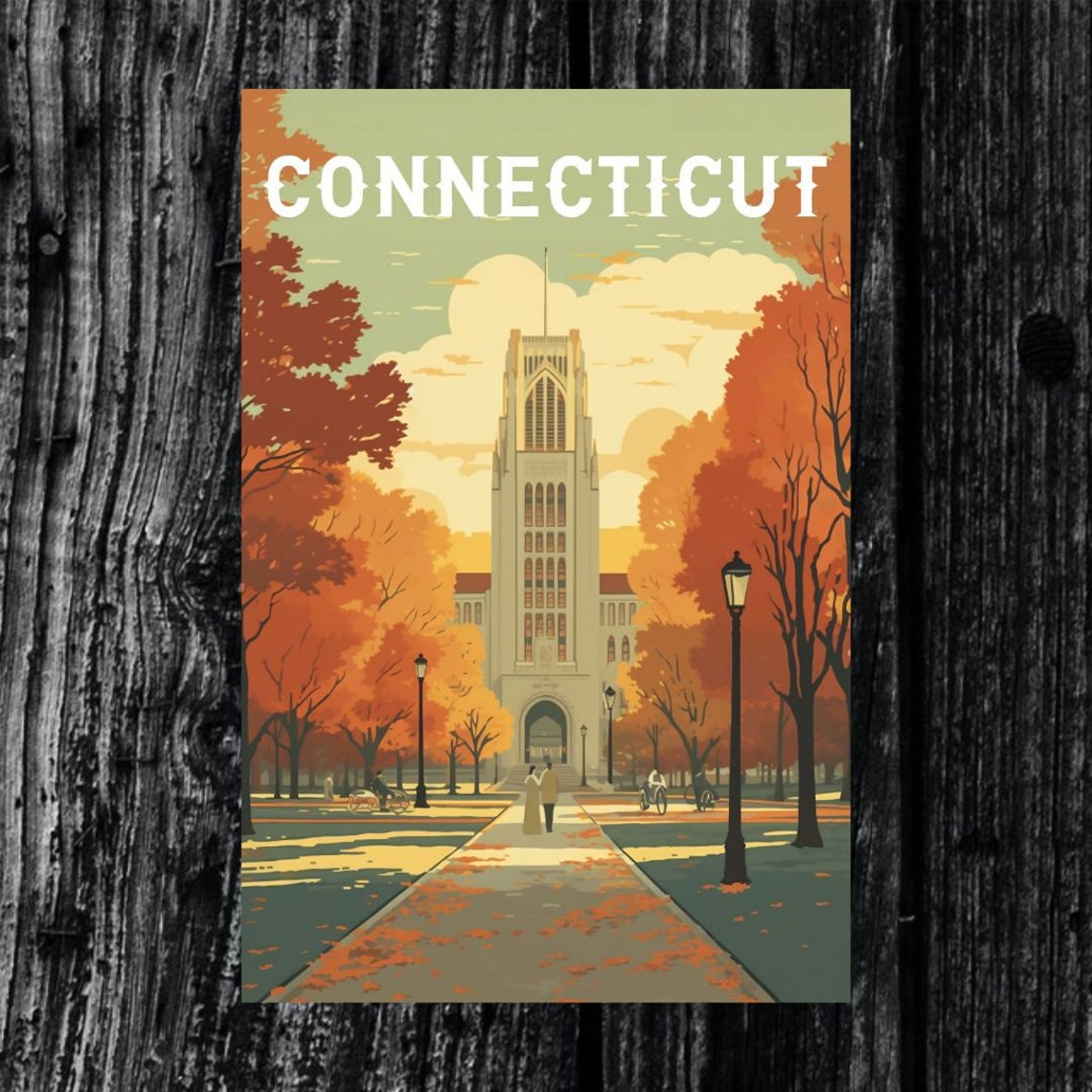 Connecticut Fall Foliage Clock Tower Vintage Travel Poster Art