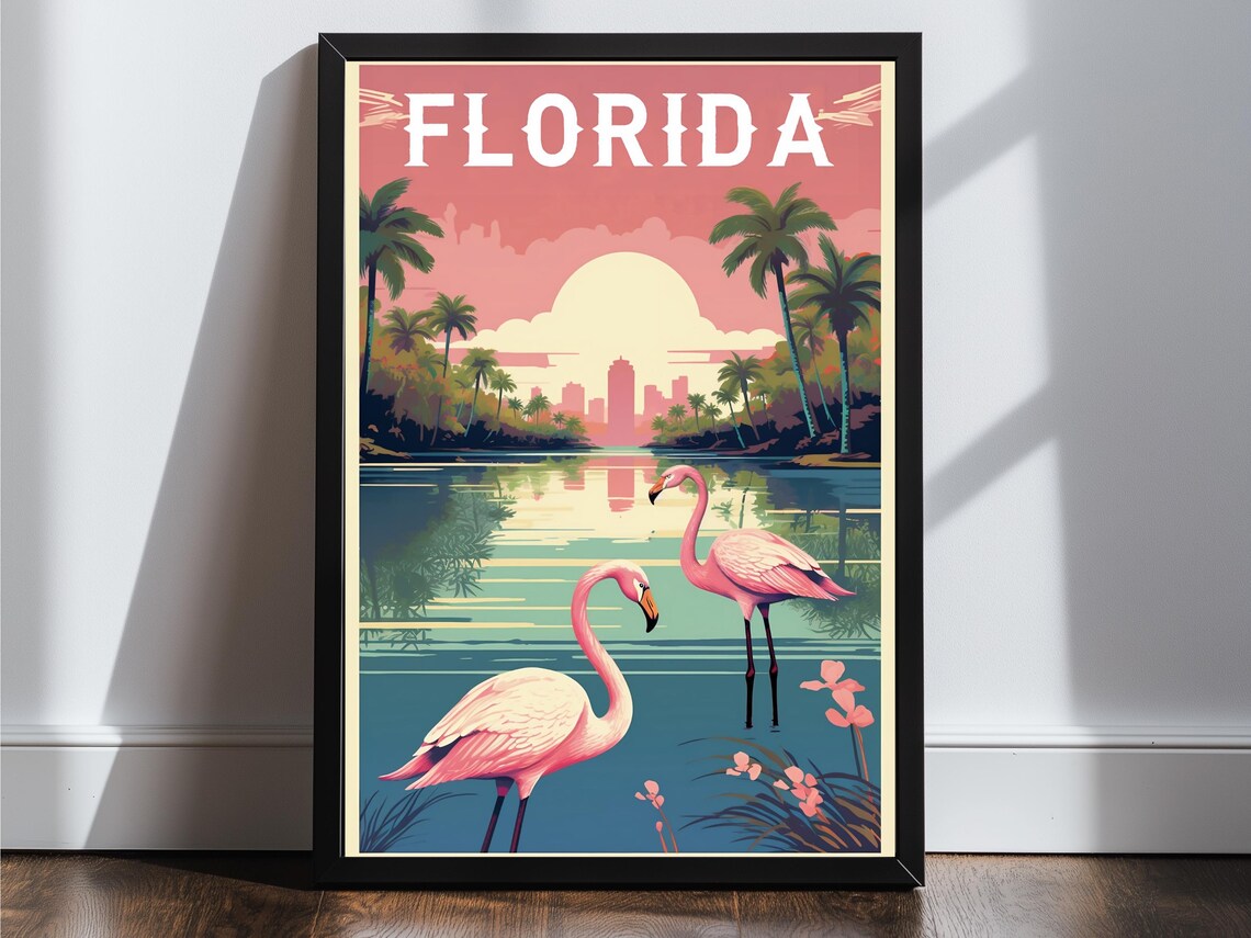 Florida Flamingos Miami Skyline Sunset Vintage Travel Poster