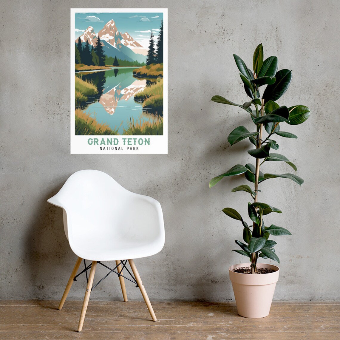 Grand Teton National Park Mountain Lake Reflection Vintage Poster - Image 2