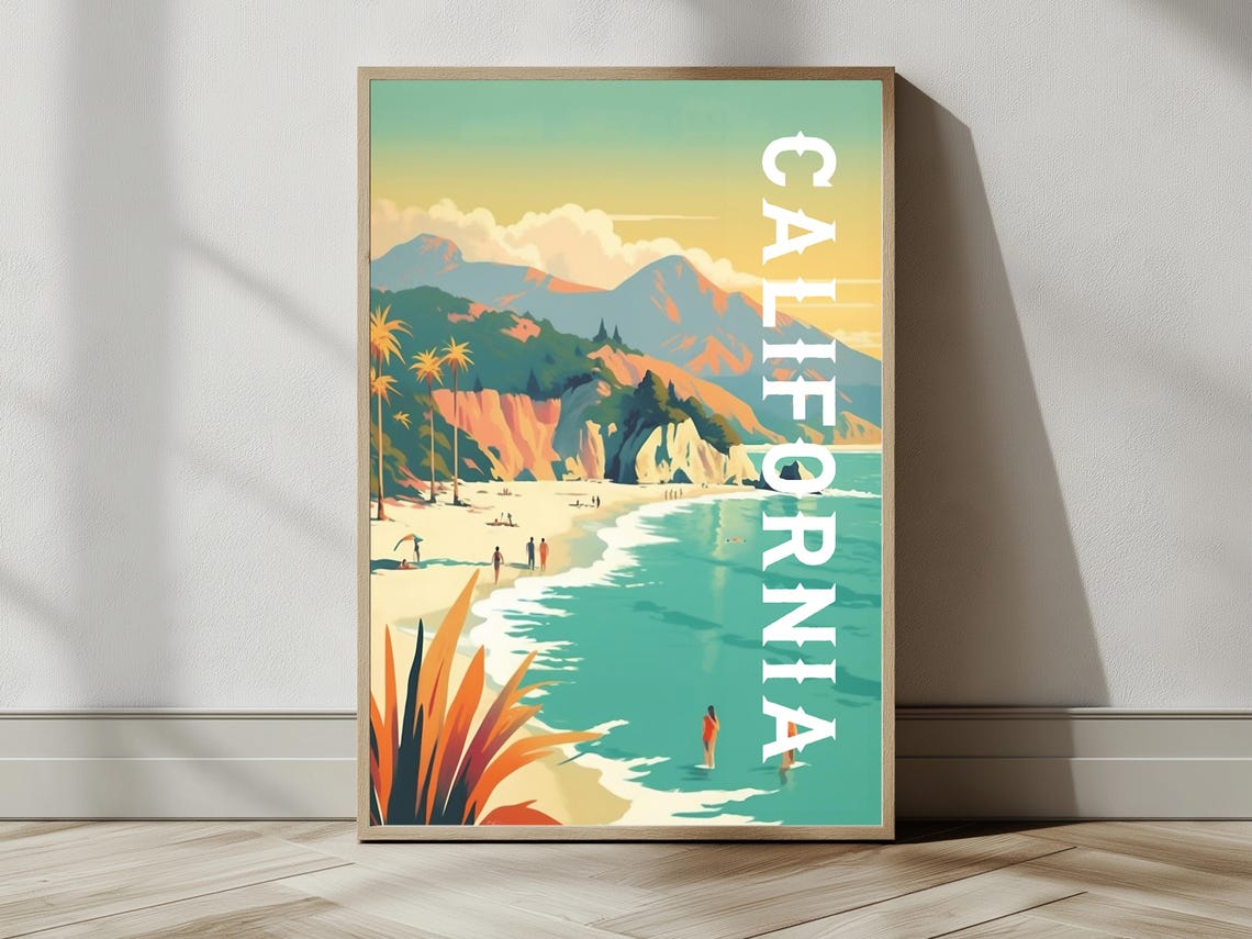 California Beach Cliffs Palm Trees Surf Waves Vintage Travel Poster - Image 2