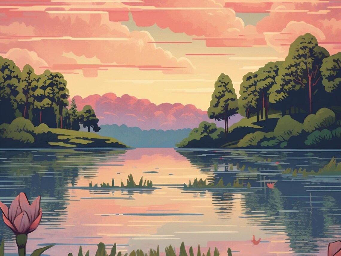 Minnesota Lake Sunset Pink Wildflowers Pine Vintage Travel Poster - Image 3