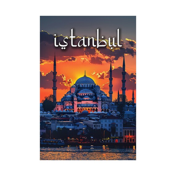 Istanbul Blue Mosque Sunset Minarets Dramatic Vintage Travel Poster