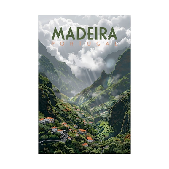 Madeira Portugal Green Valley Villages Poster Mountain Travel Art
