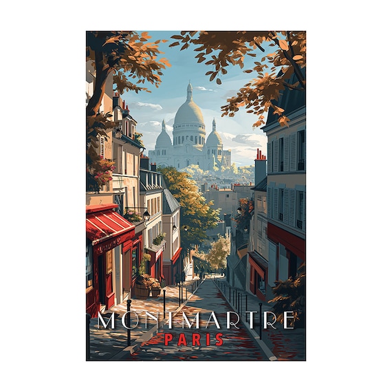 Montmartre Paris Sacre Coeur Street Autumn Vintage Travel Poster