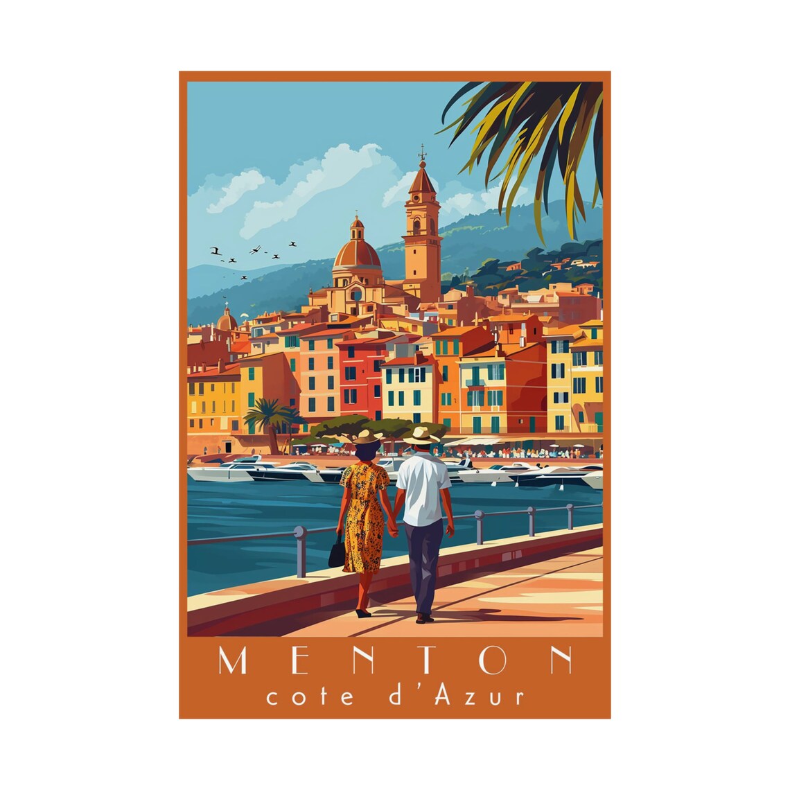 Menton Cote dAzur French Riviera Promenade Couple Vintage Travel Poster