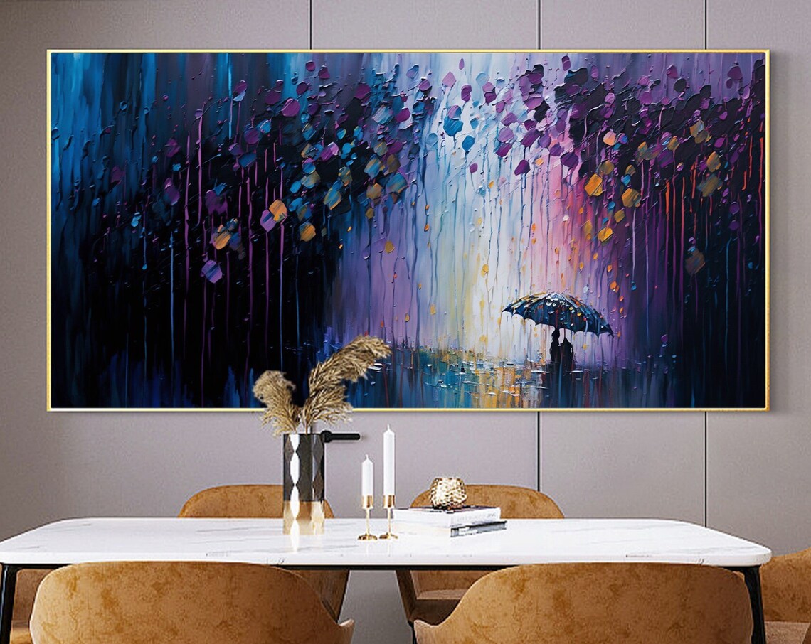 Umbrella Walker in Purple Night Rain Panoramic Oil Painting Art Print - Image 6