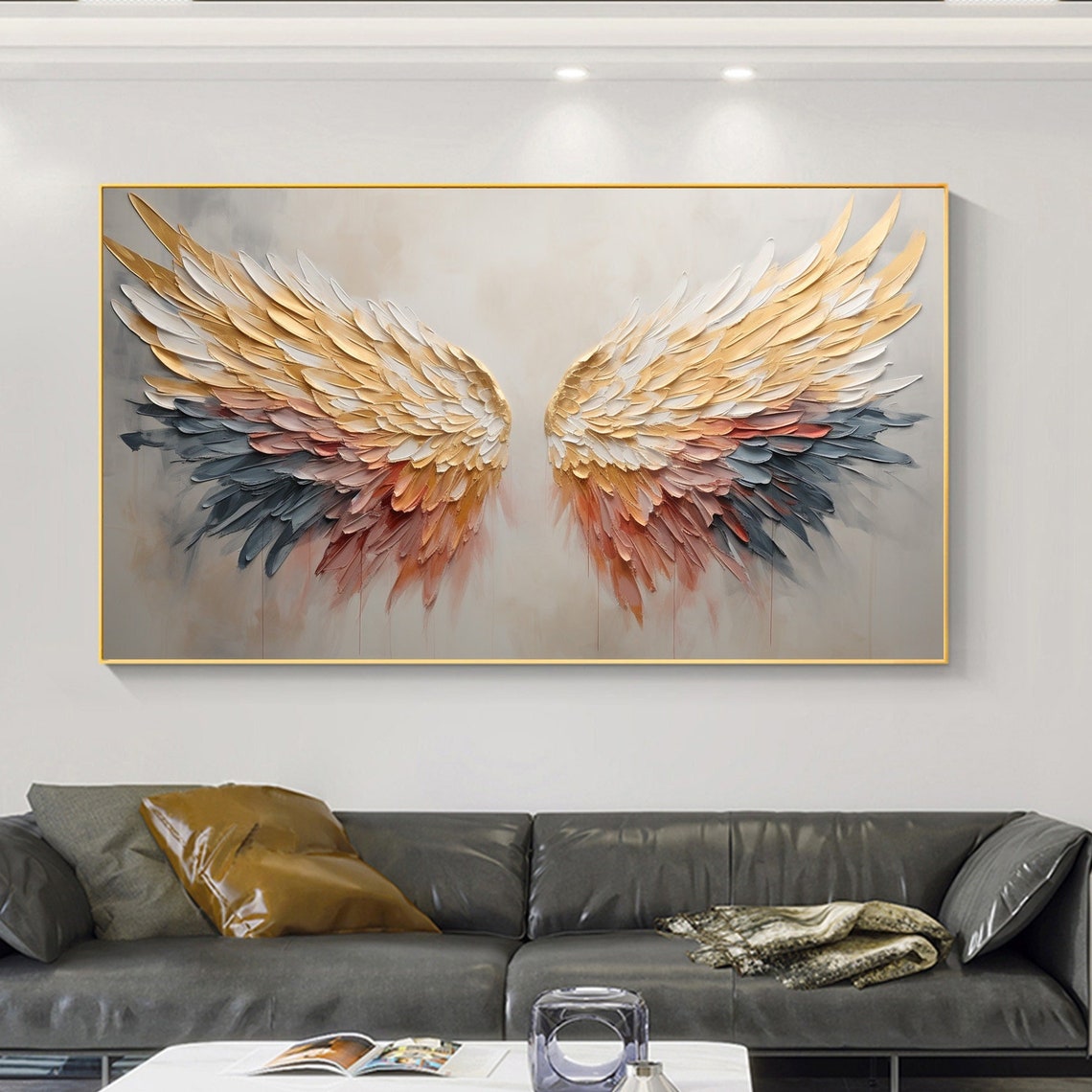 Majestic Angel Wings in Gold With Blue and Rose Feather Tips Poster
