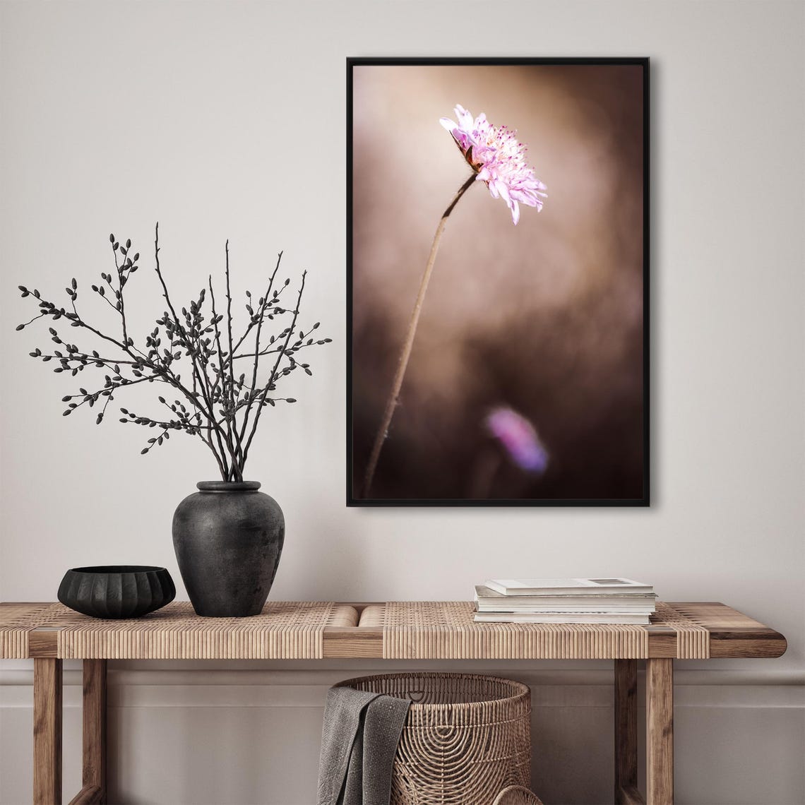 Single Pink Scabiosa Bloom Swaying on a Slender Stem Floral Poster - Image 2