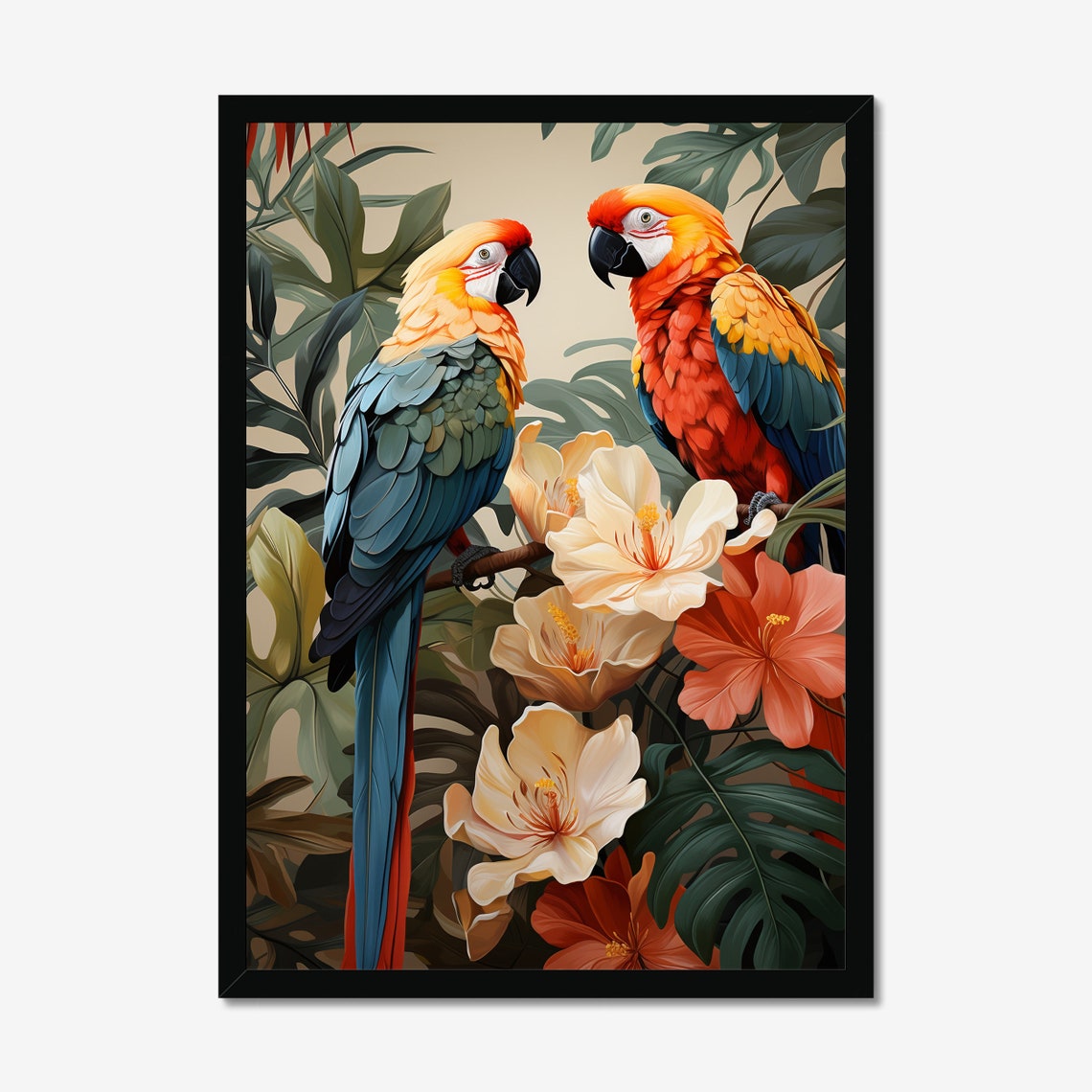 Two Vibrant Tropical Parrots Hibiscus Floral Jungle Art Poster