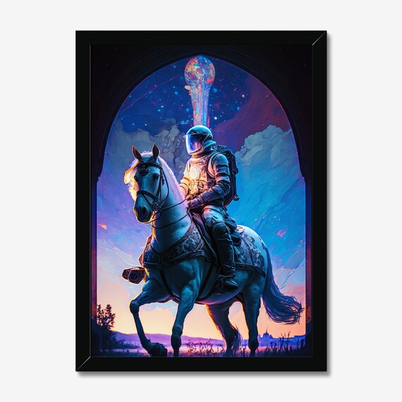 Astronaut on Horseback Under Cosmic Sky Through Arched Window Poster