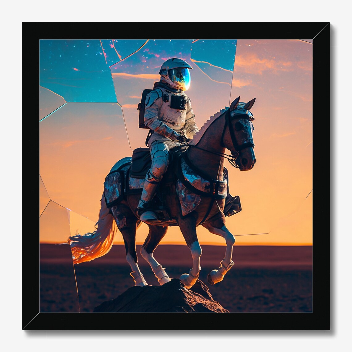 Astronaut Riding Horse Across Desert Under Shattered Sky Art Poster