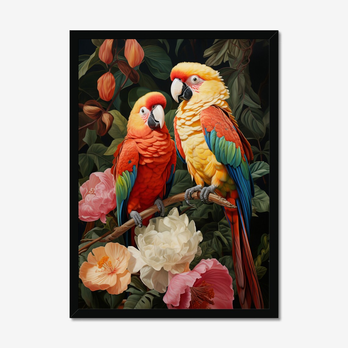 Pair of Colorful Macaws with Hibiscus Flowers Tropical Art Poster