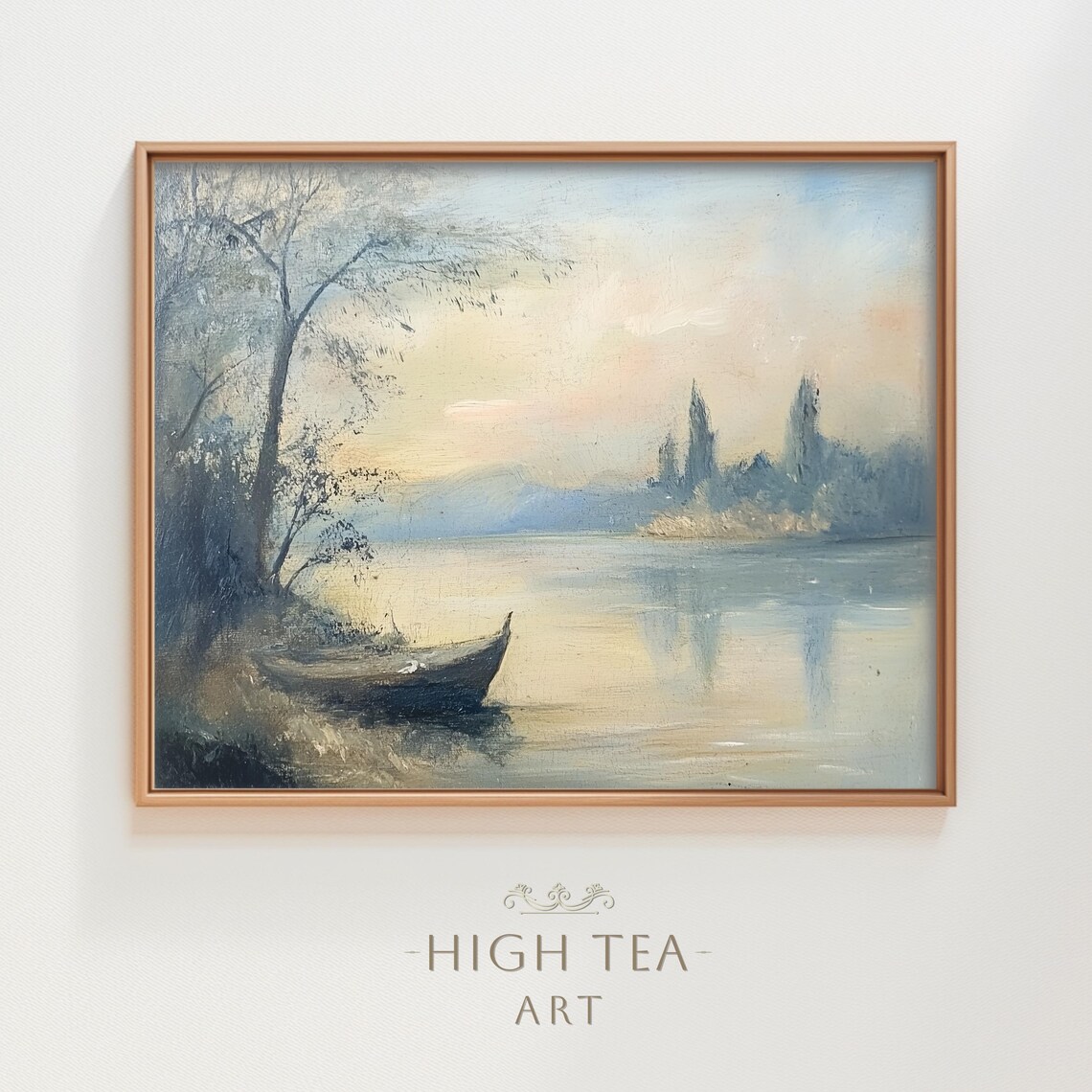 Vintage Lake Oil Painting Serene Rowboat Lakeside Neutral Landscape Poster