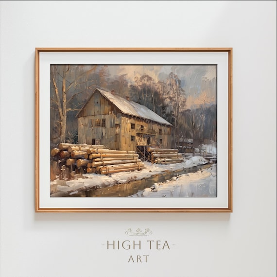 Rustic Barn Log Stacks Winter Stream Vintage Wooden Farm Wall Art