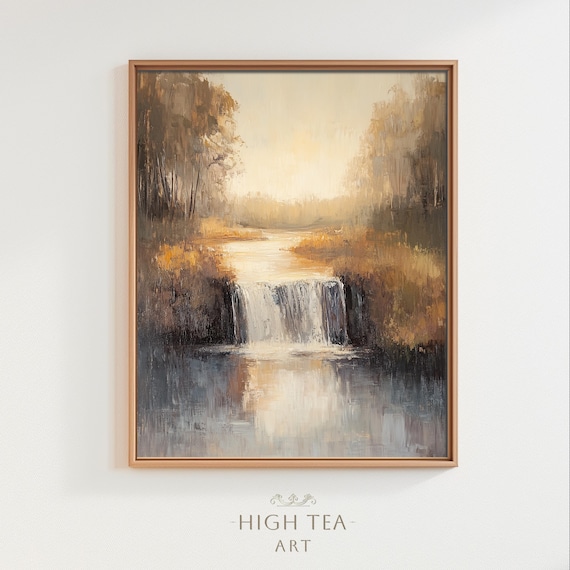 Misty Autumn Forest Waterfall Golden Landscape Painting Poster