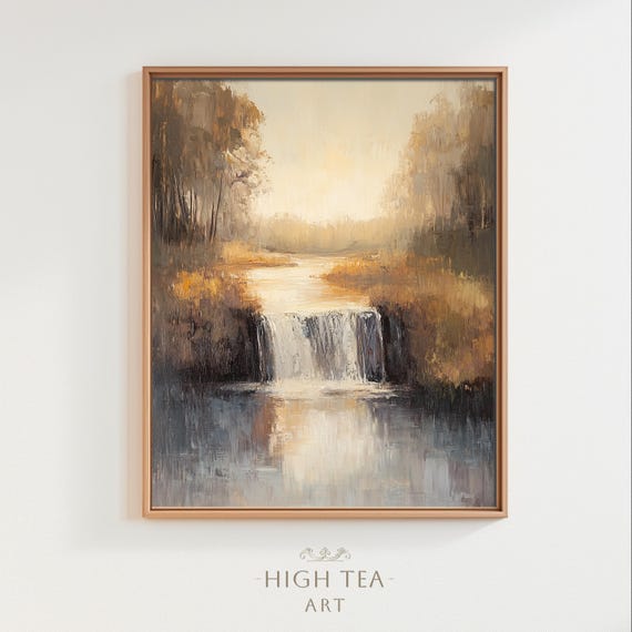 Vintage Neutral Waterfall Oil Painting Art Print Muted Country Nature Waterscape Lake River Stream Hta151