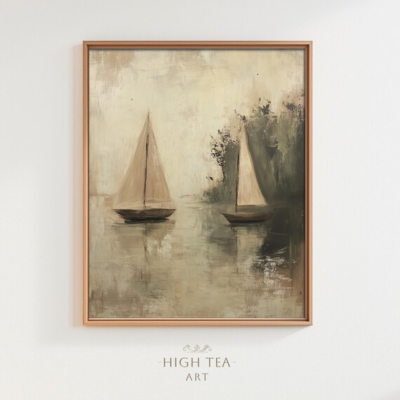 Vintage Sailboats Oil Painting Moody Neutral Muted Lake Scene Poster