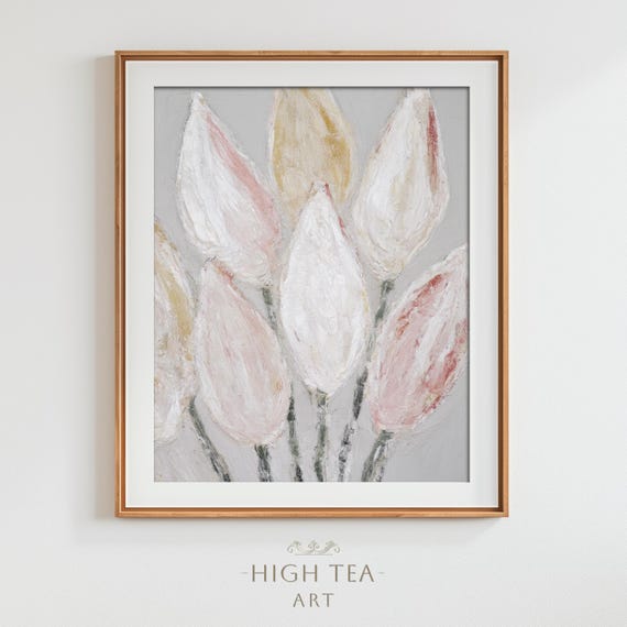 Abstract Tulips Oil Painting Art Print Pink White Flowers Neutral Muted Botanical Pastel Wall Decor Hta383