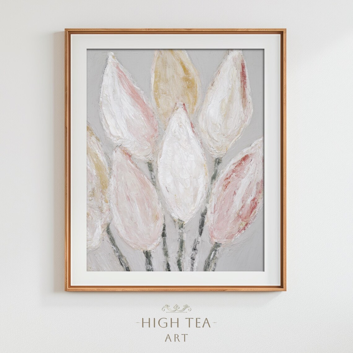 Soft Blush White Tulip Buds Neutral Minimalist Floral Oil Painting Poster